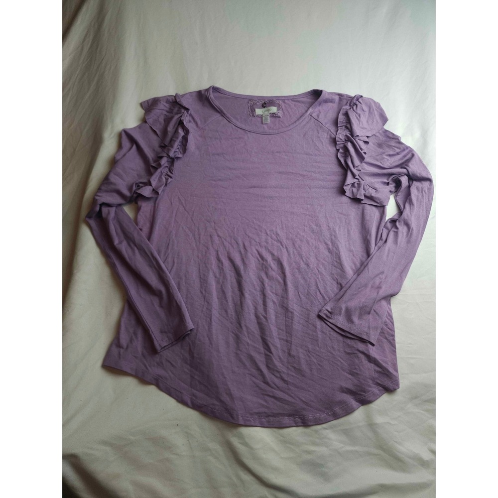 Cupio Womens XL Lavender Purple Ruffle Shoulder Long Sleeve Lace Trim‎ Top